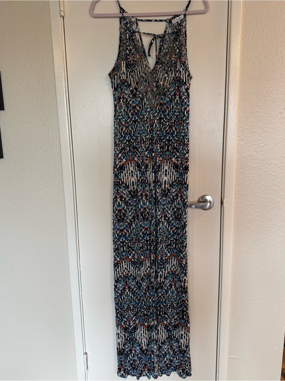 Parker Beaded Halter Maxi Dress in Multi-Blue Print - Picture 2 of 8